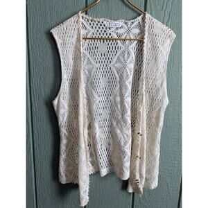Vintage Express Crochet Knit Vest Cream Open Front Boho 90s USA